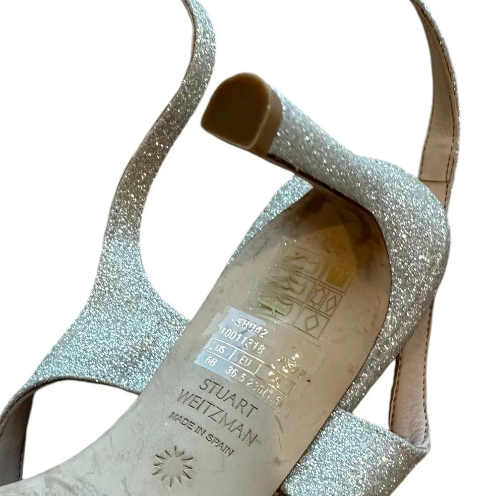 Stuart Weitzman ALIGN 95 Silver Sparkle Strappy Heels | Minimalist Nudist Style - Picture 9 of 11
